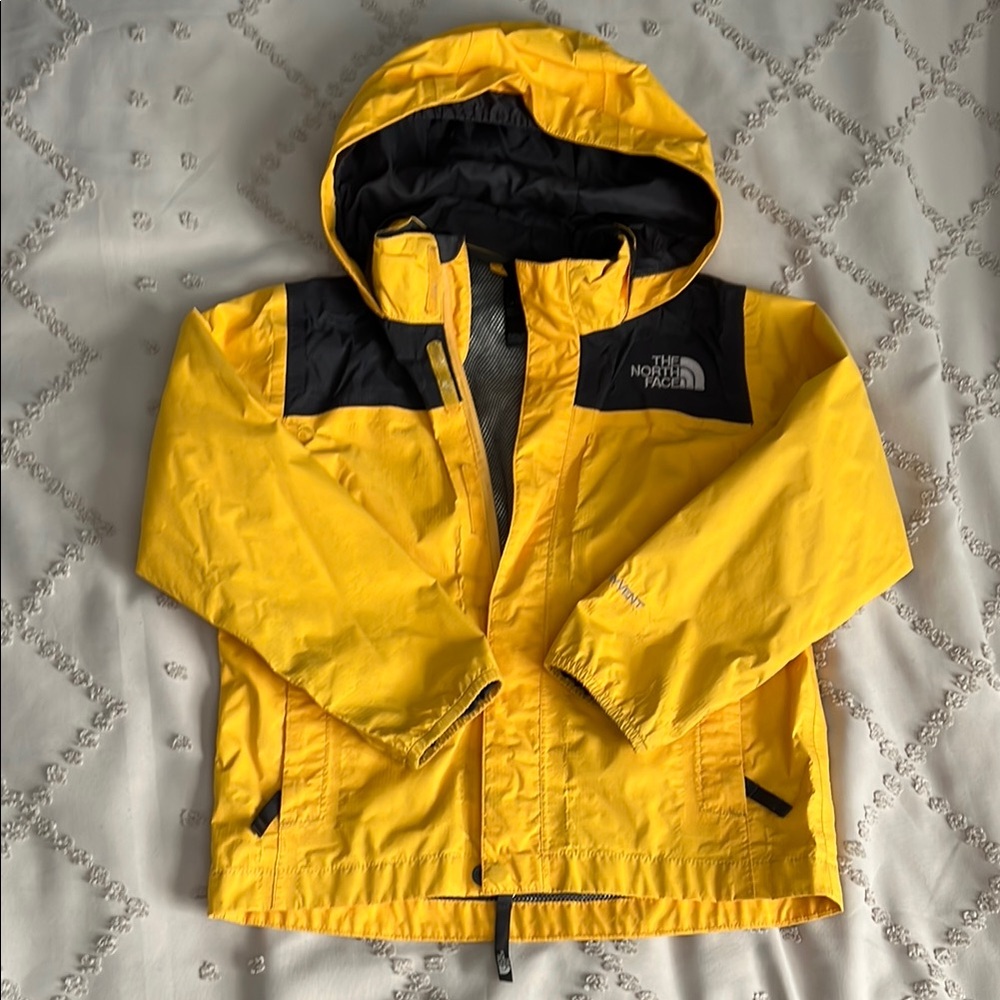 The North Face Yellow and Black Raincoat with Hood